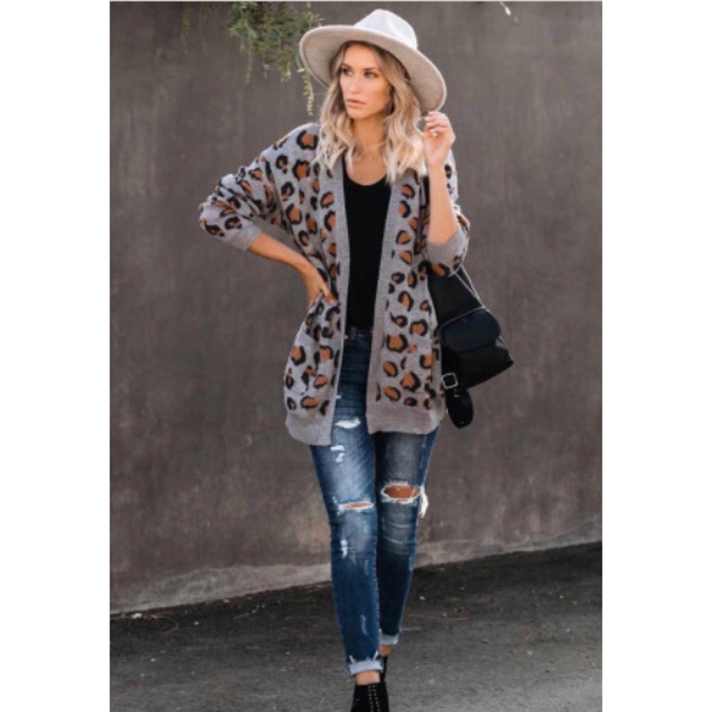 🎊HPx3🐆 Only 1 large left •Are You Kitten Me? Gray Leopard Cardigan - Picture 5 of 8